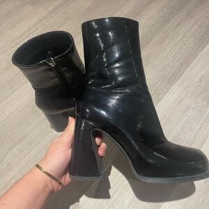 Glossy Black Chunky Heeled Boots